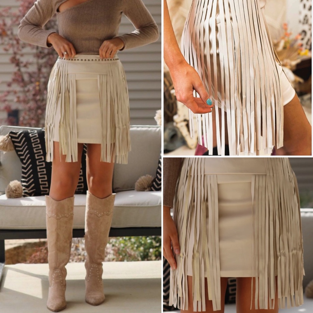 Stylish western vibe boho vibe fringe skirt beige color white sand faux leather